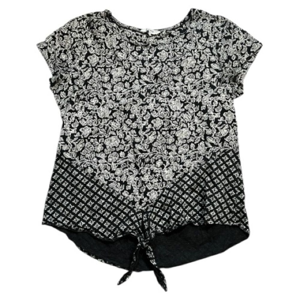 Fat Face Women's Top Floral Black and Cream, Tie Bottom, Cap Sleeves Size 12